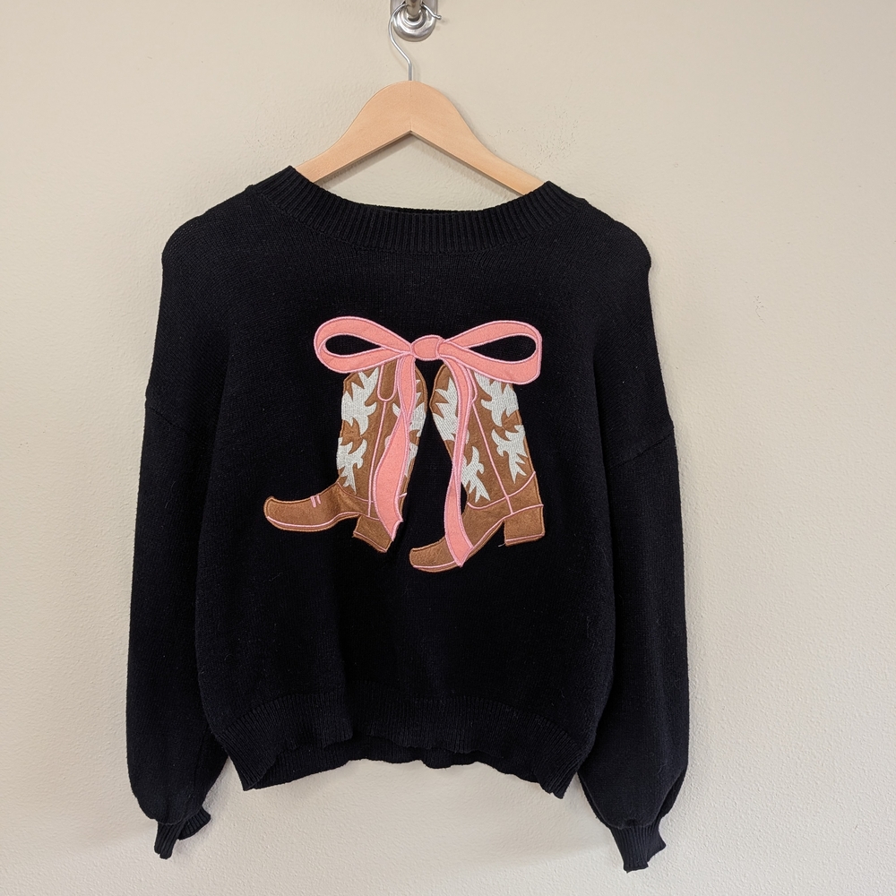 Threaded Leaf Cowboy Boots Sweater Womens Small Black Western Graphic Bow‎